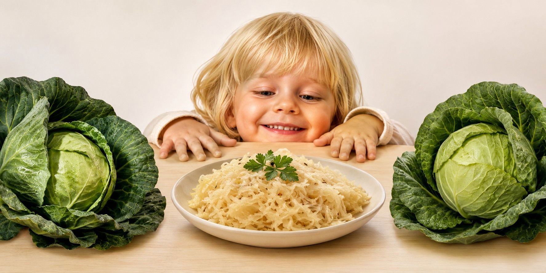 Kind blickt lächelnd über einen Teller mit Sauerkraut, links und rechts davon liegen zwei Kohlköpfe